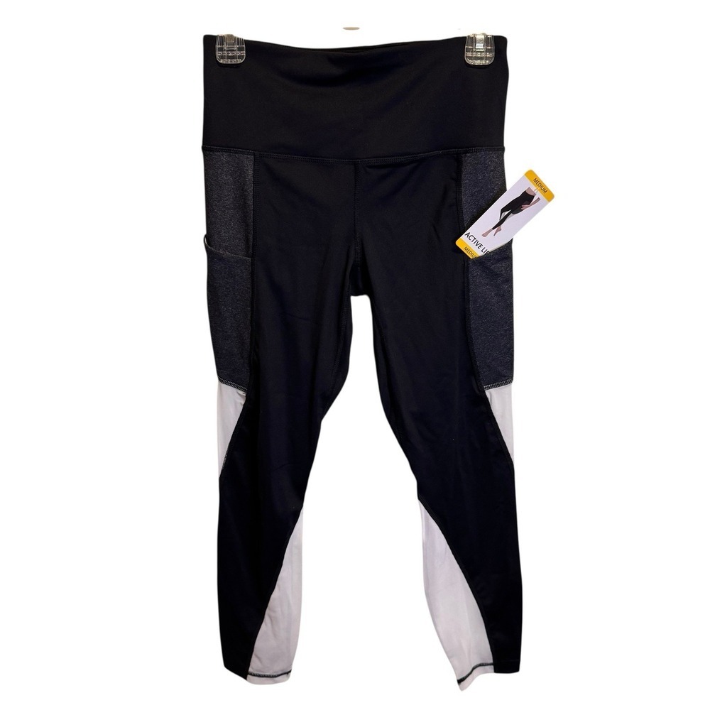 Active Life Athletic Wear Leggings Yoga Pants M Black Charcoal White Mesh